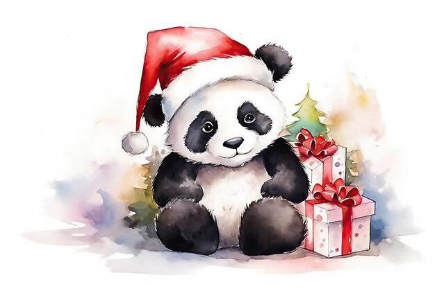 Panda świąteczna w kapeluszu Świętego Mikołaja z dekoracjami świątecznymi na białym tle Obraz wygenerowany przez sztuczną inteligencję został przetworzony po przetworzeniu