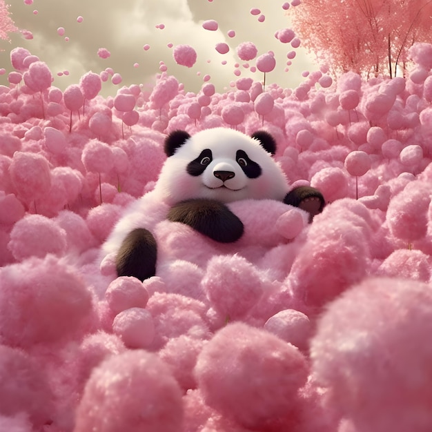 Zdjęcie panda tocząca się po polu różowych puszystych kulek