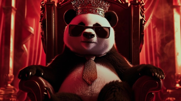 Panda w krawacie z koroną i okularami przeciwsłonecznymi siedząca na tronie