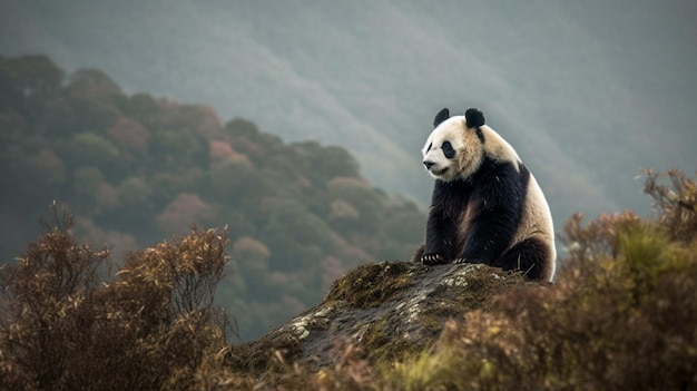 Panda wielka siedzi na skale w górach Chin