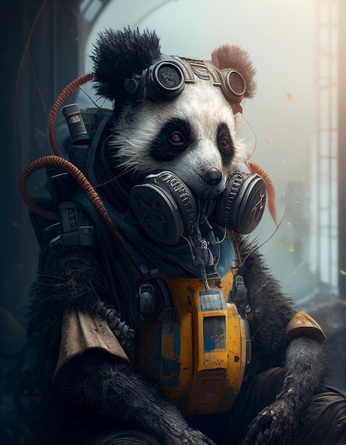 Panda z maską gazową i maską gazową siedzi w ciemnym pokoju.