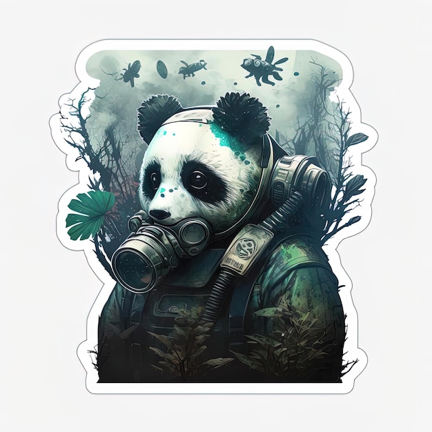 Panda z maską gazową i robakiem na piersi.