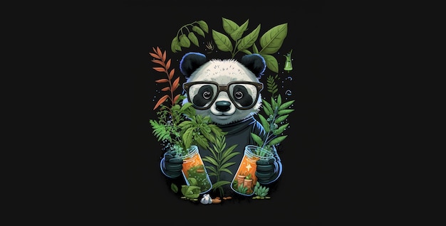 Panda z okularami i butelką płynu