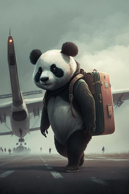 Panda z plecakiem idzie po pasie startowym przed samolotem z napisem „panda”.