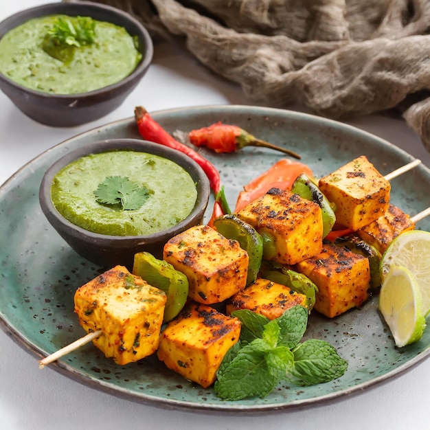 Zdjęcie paneer tikka to danie kuchni indyjskiej z grillowanym serem paneer z warzywami i przyprawami.