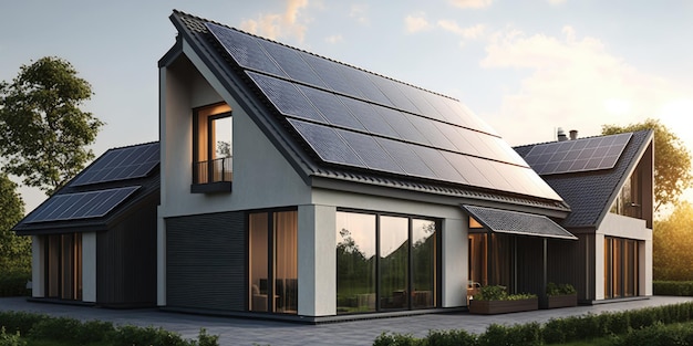 Panel słoneczny na dachu domu podmiejskiej willi czyste, zrównoważone źródło energii elektrycznej