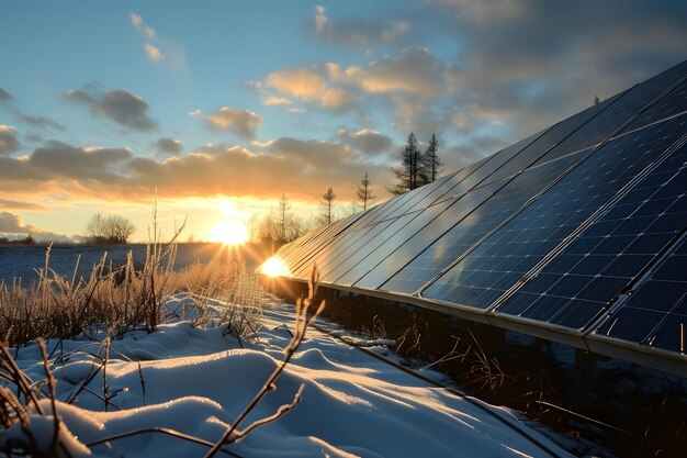 Panele słoneczne fotowoltaiczne na polu podczas zimowego zachodu lub wschodu słońca