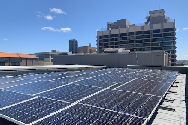 Panele słoneczne na dachu budynku z błękitnym niebem w tle utworzone za pomocą generatywnej sztucznej inteligencji