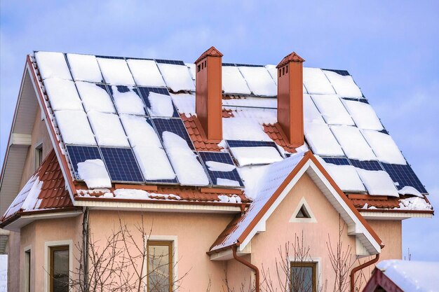 Zdjęcie panele słoneczne na dachu domu pokryte śniegiem zimą system energii słonecznej na dachu prywatnego domu