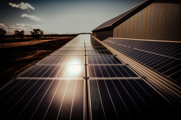Panele słoneczne na dachu domu w tle architektonicznym generowanym przez sztuczną inteligencję