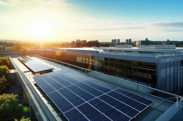 Panele słoneczne na dachu nowoczesnego budynku przyjaznego dla środowiska stworzone za pomocą generatywnej AI