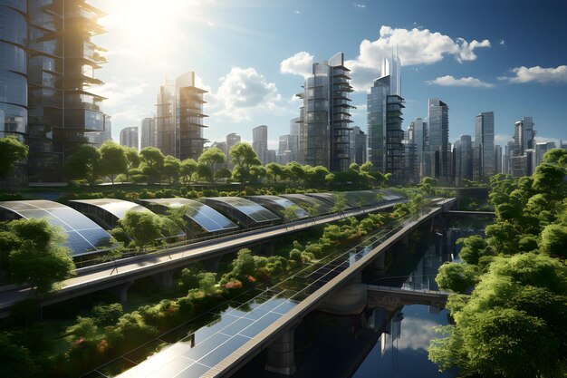 Panele słoneczne na dachu w mieście Ekologia i zielone miasto oszczędzają ochronę świata koncepcja