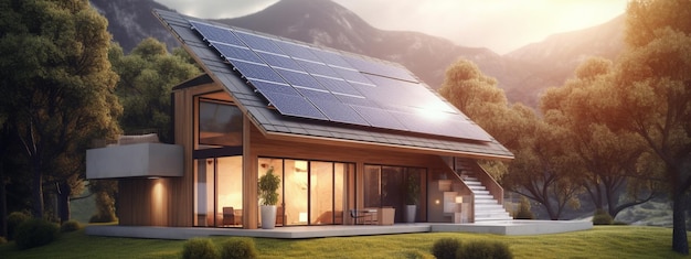 Zdjęcie panele słoneczne na domu w polu zielonej taryfy generative ai