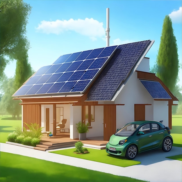 Panele słoneczne na idyllicznym domu 3D Naturalny zasób energii Generatywna sztuczna inteligencja