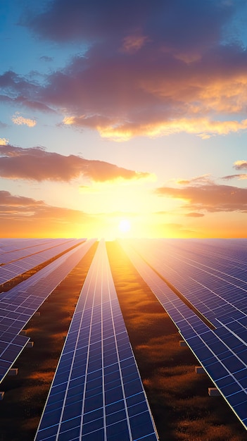 Zdjęcie panele słoneczne piękny zachód słońca w tle koncepcja czystej energii elektrycznej