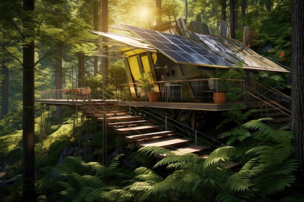 Panele słoneczne w domku na drzewie w bujnym lesie stworzonym za pomocą generatywnej sztucznej inteligencji