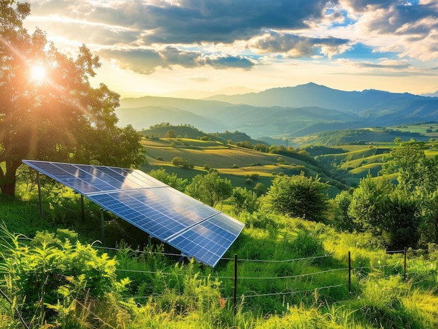 Zdjęcie panele słoneczne wytwarzają zieloną energię w pięknym krajobrazie, przyjazną dla środowiska energię odnawialną.