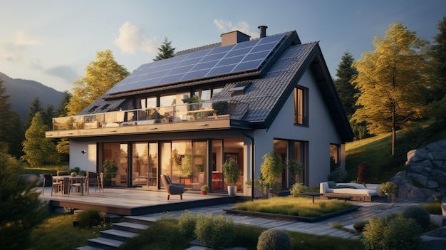 Zdjęcie panele słoneczne zainstalowane i używane na dachu domu