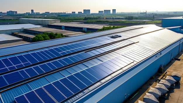 Panele słoneczne zainstalowane na dachu dużego budynku przemysłowego lub magazynu
