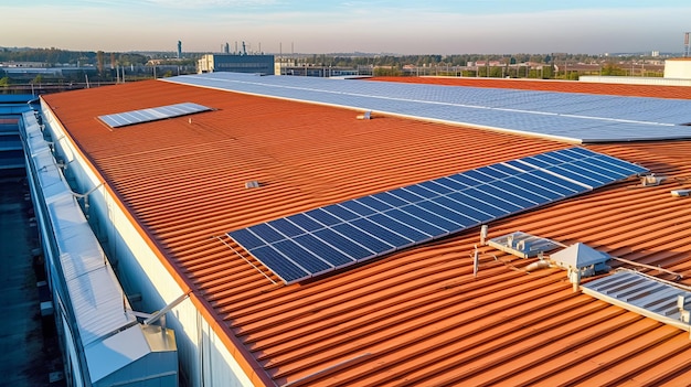 Zdjęcie panele słoneczne zainstalowane na dachu dużego budynku przemysłowego lub magazynu