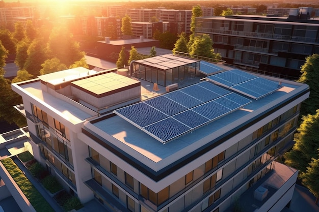 Panele słoneczne zainstalowane na dachu nowoczesnego budynku stworzonego za pomocą generatywnej sztucznej inteligencji