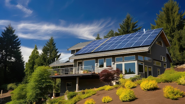 Panele słoneczne zainstalowane na dachu nowoczesnego domu z niebieskim niebem