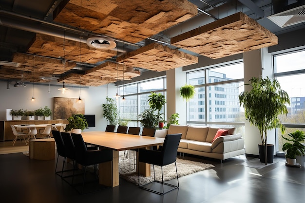 Panele z wełny drzewnej montowane na suficie w biurze w celu redukcji hałasu