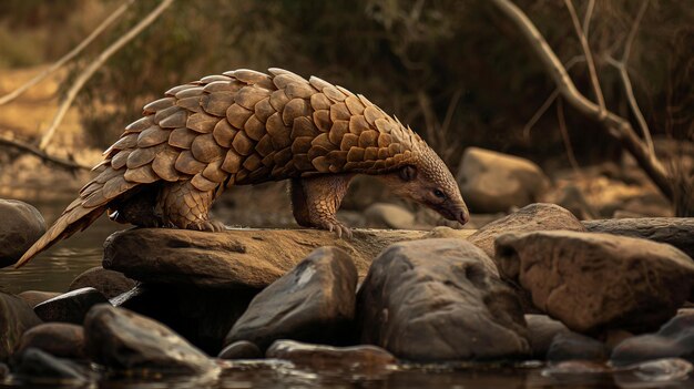 Pangolin caminhando sobre uma ponte de pedras em um lago