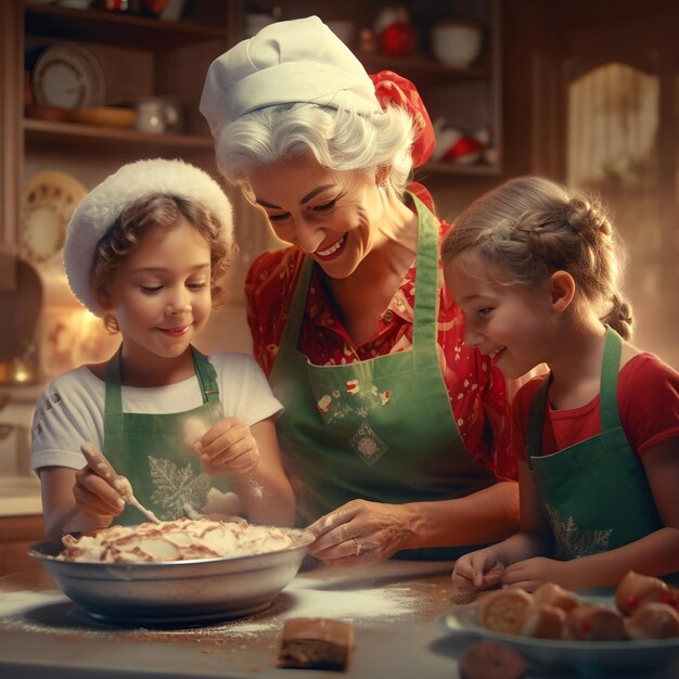Pani Mikołaj i elfy pieczą w kuchni w domu Babcia i dzieci przygotowują ciasteczka