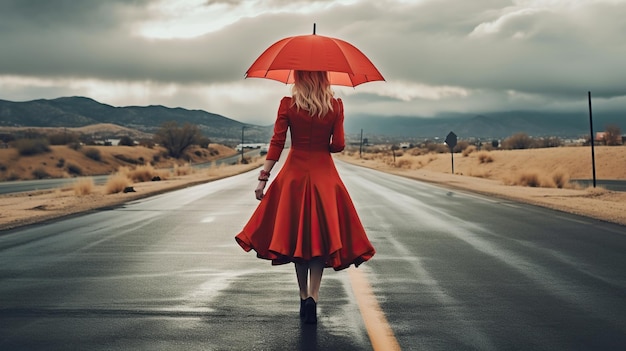 Pani w czerwonym płaszczu spacerująca po drodze w deszczu