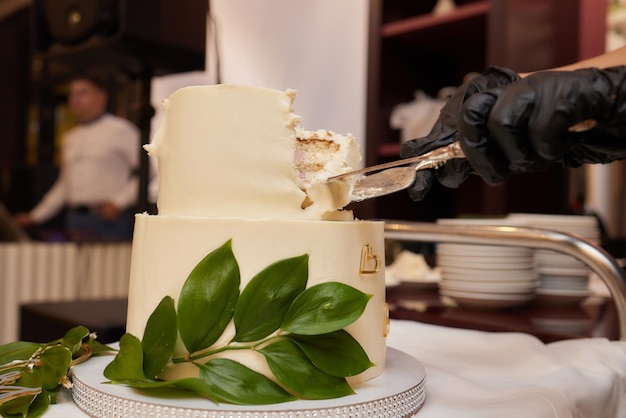 Panna młoda i pan młody na bankiecie wspólnie kroją tort weselny trzymając się jednego noża Zbliżenie na szczegóły weselne