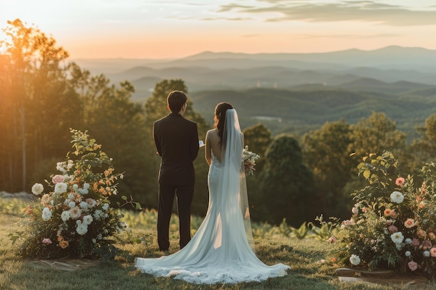 Zdjęcie panna młoda i pan młody z pewnością stoją na szczycie wzgórza ciesząc się widokiem razem spokojny ślub na górze z widokiem zachodu słońca w tle