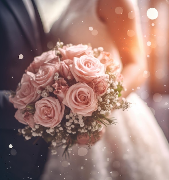 Zdjęcie panna młoda trzyma bukiet ślubny kwiatów złote obrączki ślubne suknia ślubna dla nowożeńców ręka dziewczyny z bukietem kwiatów kwiaty w dniu ślubu