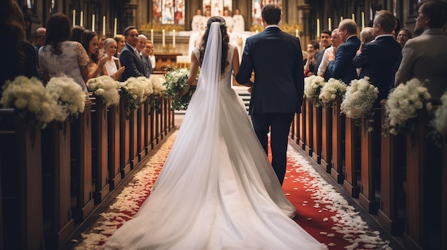 Panna młoda w białej sukience ślubnej i eleganckiej zasłonie