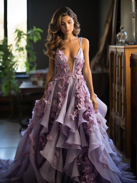 Zdjęcie panna młoda w fioletowej sukience ślubnej
