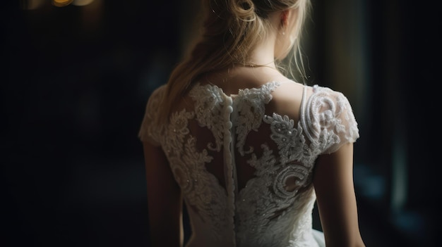 Panna młoda w sukni ślubnej wygląda przez okno