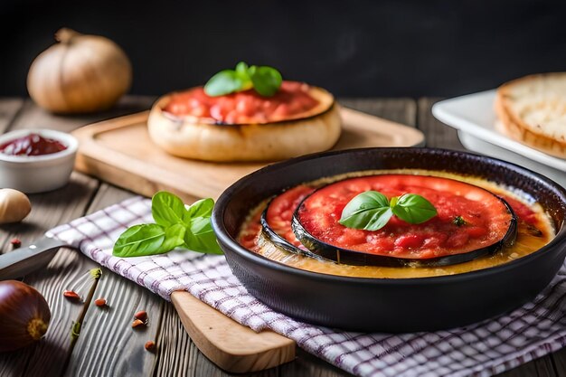 Zdjęcie pannka z jedzeniem z sosem pomidorowym i bazylią na drewnianym stole