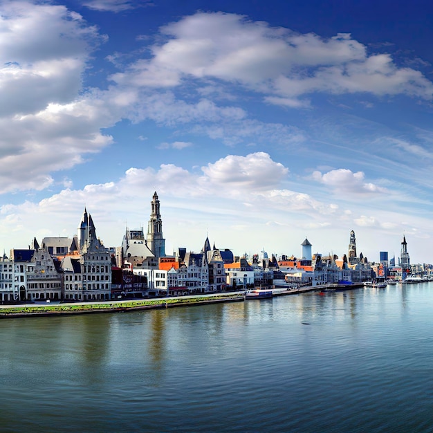 Panorama Antwerpii przez rzekę Scheldt