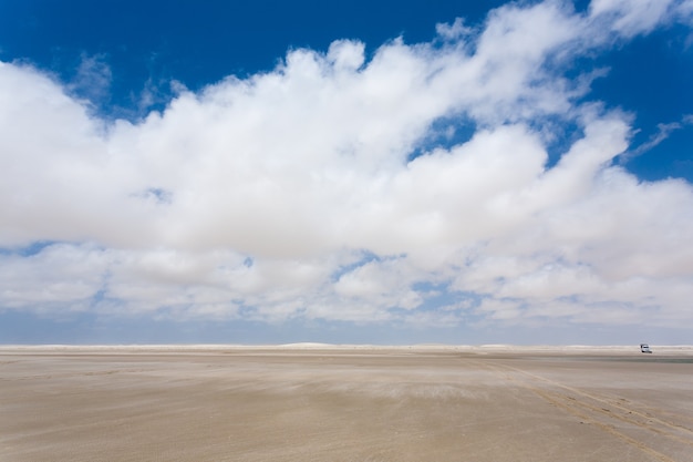 Panorama białych wydm z Parku Narodowego Lencois Maranhenses w Brazylii. Laguna deszczowa. Brazylijski krajobraz