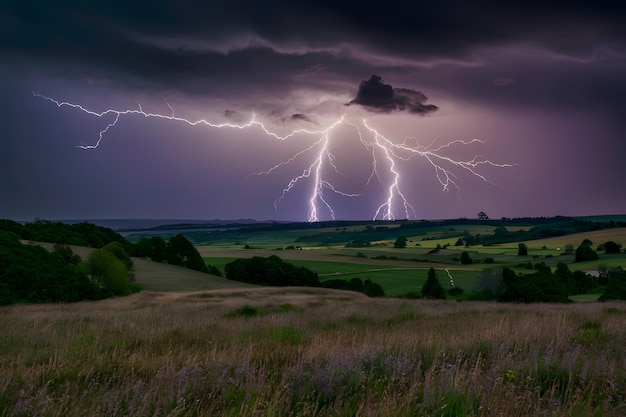 Panorama błyskawicy oświetlającej krajobraz naturalny podczas burzy