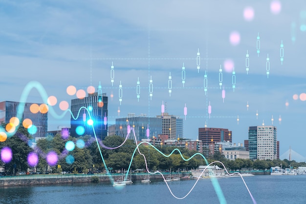 Panorama Bostonu widok na panoramę miasta i kampus Massachusetts Institute of Technology w ciągu dnia Świecący hologram wykresu FOREX Pojęcie handlu międzynarodowego i analiza fundamentalna