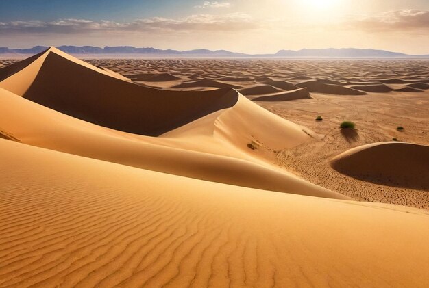 Zdjęcie panorama krajobrazu pustynia sahara piaskowe góry i kamienie słoneczny dzień widok rozległości pustyni h