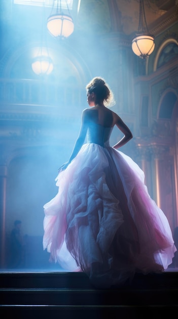 Panorama księżniczki w zwiewnej sukience w pałacu
