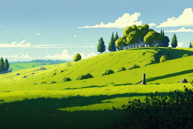 Panorama łąki na wzgórzu w świetle