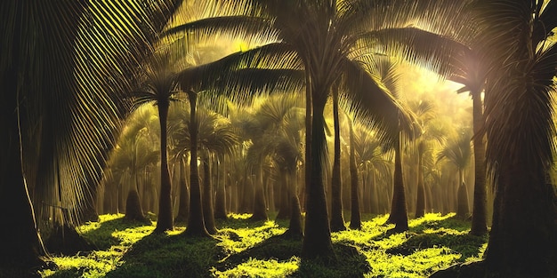 Panorama lasu palmowego o zachodzie słońca promienie słoneczne przez drzewa fantazja leśna mgła palmowa dżungla ilustracja 3D