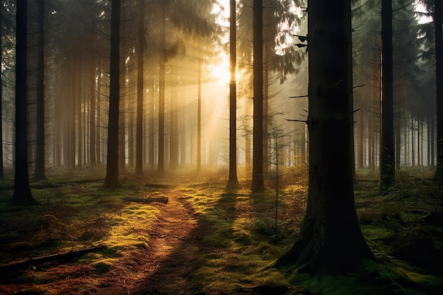 Panorama lasu w świetle słonecznym w jesiennym krajobrazie przyrody