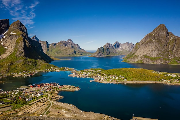 Panorama Lofoty to archipelag w okręgu Nordland w Norwegii. Słynie z charakterystycznej scenerii z dramatycznymi górami i szczytami, otwartym morzem i osłoniętymi zatokami, plażami i dziewiczymi lądami.