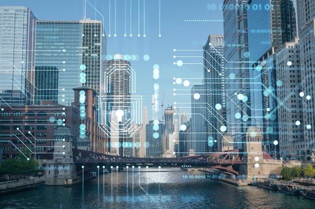 Panorama miasta Chicago i promenady Riverwalk z mostami w ciągu dnia Chicago Illinois USA Koncepcja bezpieczeństwa cybernetycznego w celu ochrony poufnych informacji firm