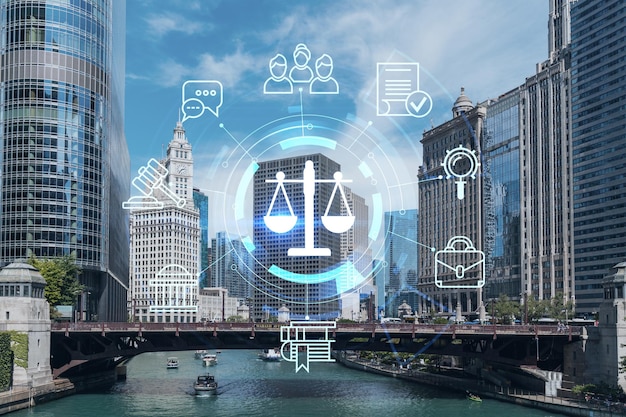 Panorama miasta Chicago i promenady Riverwalk z mostami w ciągu dnia Illinois USA Świecące hologramowe ikony prawne Pojęcie przepisów porządku prawnego i cyfrowej sprawiedliwości