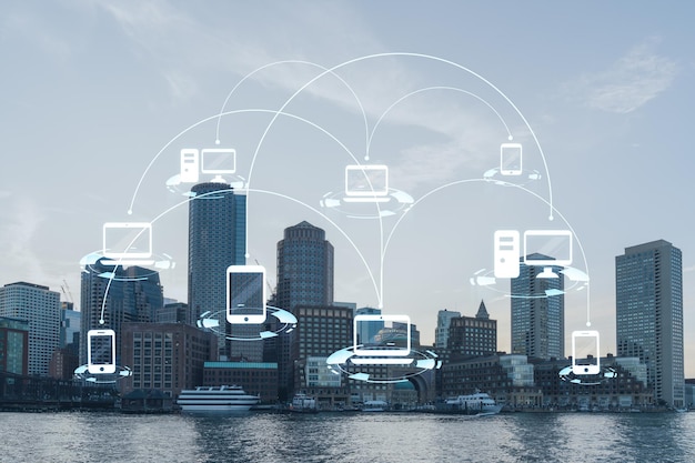 Panorama miasta z Boston Harbor w ciągu dnia Massachusetts Budynki finansowego centrum miasta Świecące ikony mediów społecznościowych Koncepcja networkingu i nawiązywania nowych połączeń między ludźmi
